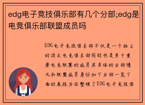 edg电子竞技俱乐部有几个分部;edg是电竞俱乐部联盟成员吗