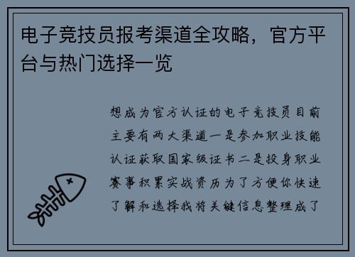 电子竞技员报考渠道全攻略，官方平台与热门选择一览